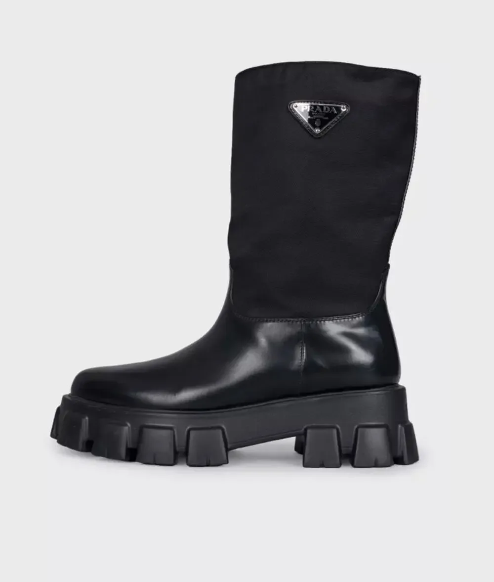 Prada Monolith Black Leather Boots with Silver-Tone Logo - EU 39